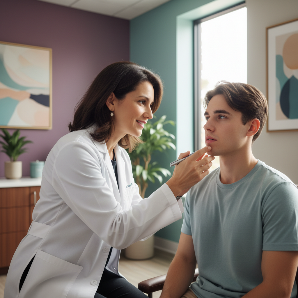 Allergist doctor examining patient with angioedema in modern clinic