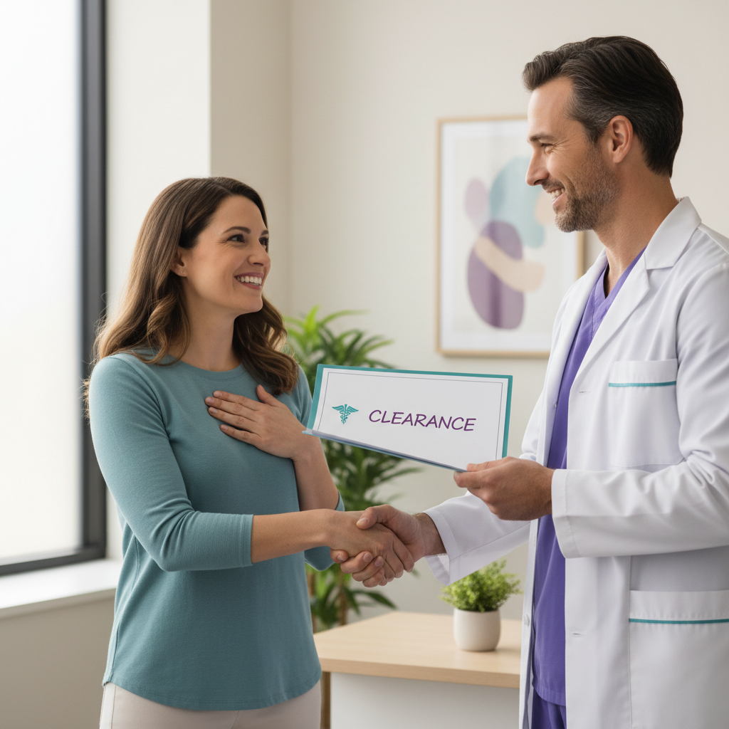 Patient receiving clearance documentation from doctor