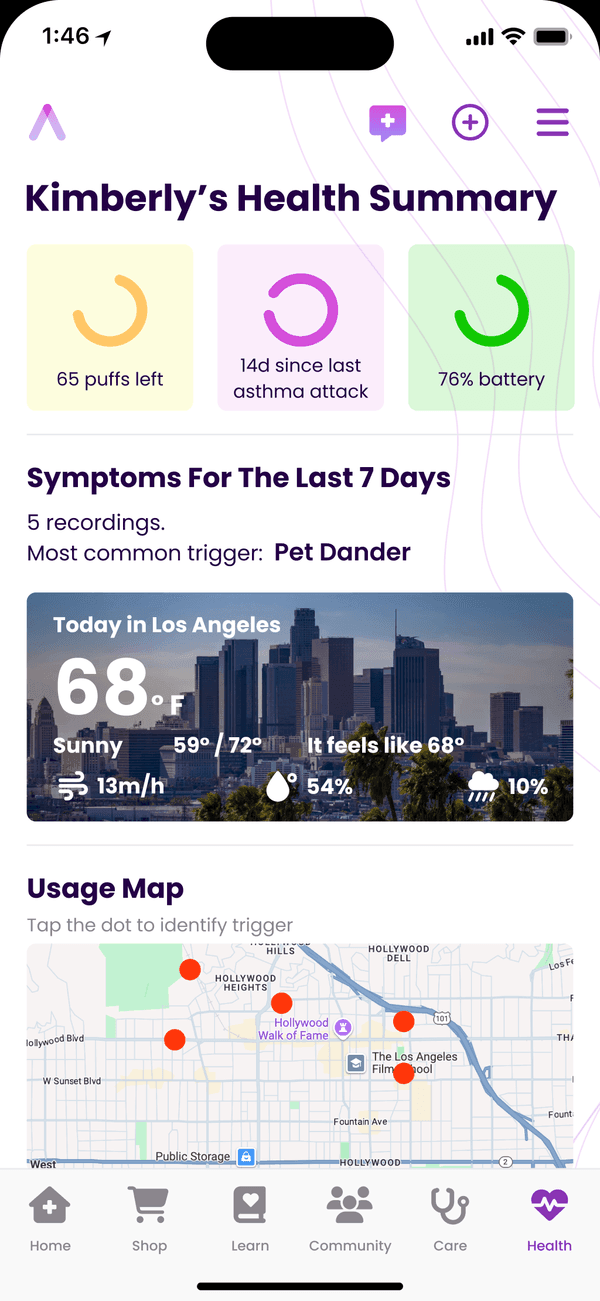 Above Health asthma tracker app showing environmental monitoring dashboard