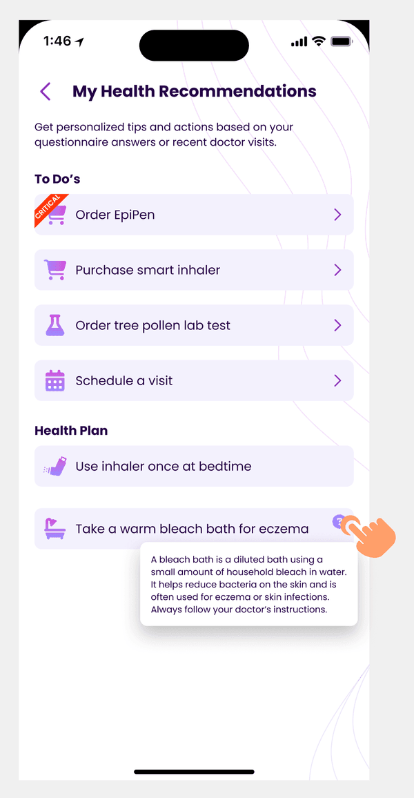 Health recommendations screen